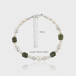 Elegant Natural Green Cylinder Stone Round Pearls 925 Sterling Silver Bracelet