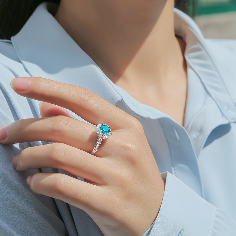 Blue Round Moissanite CZ Flower 925 Sterling Silver Adjustable Ring